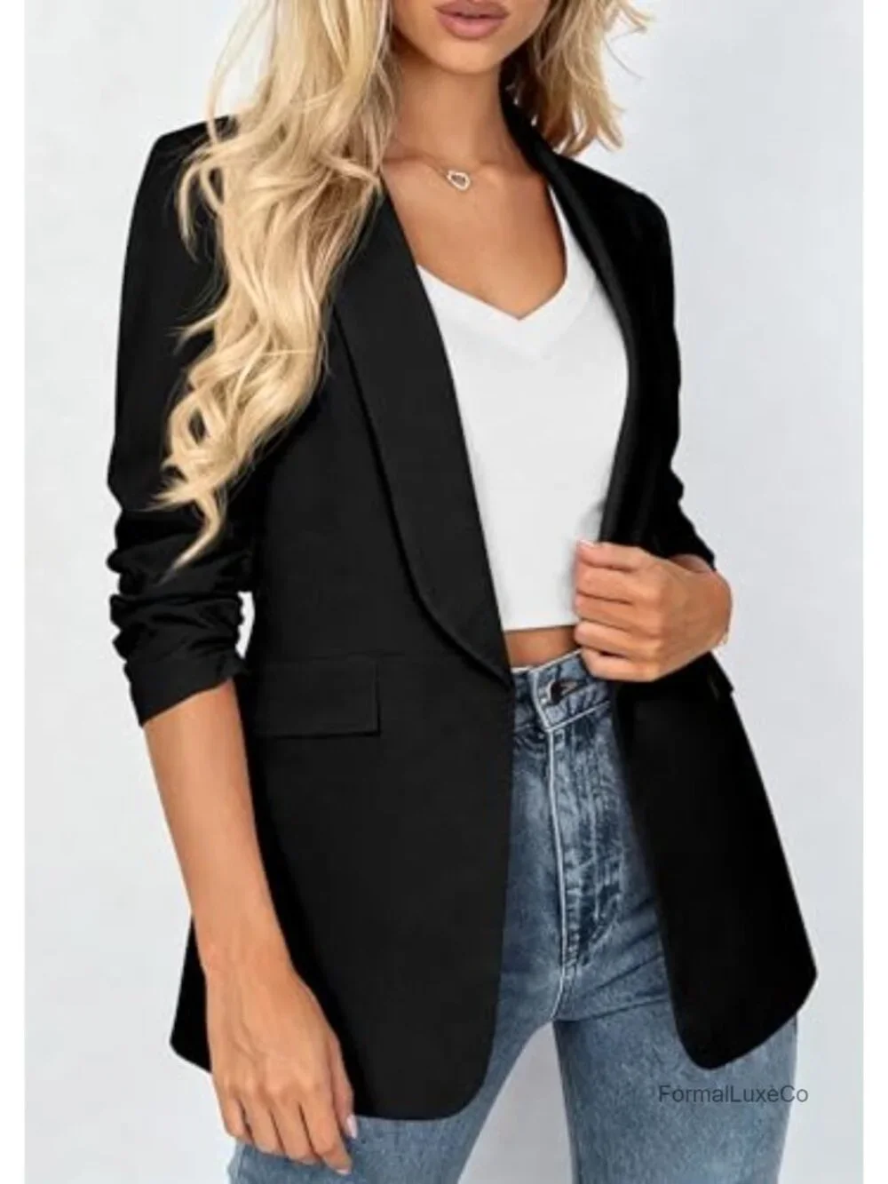 Women's Open Front 3/4 Sleeve Ruched Blazer Business Casual Lightweight Suit